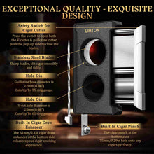 Load image into Gallery viewer, LIHTUN 4-in-1 Cigar Cutter, One-Touch Straight Cut V Cutter, Cigar Punch Draw Enhancer, Stainless Steel Blade Cigar Clippers, Cuts Up to 60 Ring Gauge Cigars