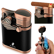 Load image into Gallery viewer, XIFEI 4 Jet Flame Torch Lighter with Cigar Stand, Windproof Rocker Lighter with Adjustable Flame, Refillable Butane Lighter for Smoking