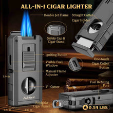 Load image into Gallery viewer, LIHTUN 5-in-1 Cigar Lighter, 2 Jet Flame Refillable Butane Torch Lighter, Manual Flame Adjustment Switch, Built-in Punch, Guillotine Cigar Cutter, V Cutter, 2 Cigar Stands