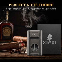 Load image into Gallery viewer, XIFEI 6-in-1 Cigar Lighter, Desktop Torch Lighter with Straight Cut V-Cut Cigar Cutter, Dual Cigar Punch, Cigar Draw Enhancer, Cigar Holder, 4 Jet Flame Refillable Butane Lighter