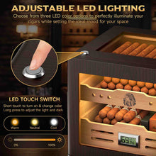 Load image into Gallery viewer, XIFEI Cigar Humidor Cabinet Holds Up to 100 Cigars, Glass Top & Adjustable LED Lighting, Digital Hygrometer, 2 Humidifiers, Cigar Tube, Desktop Cedar Wood Humidor with Accessory Drawer