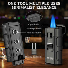 Load image into Gallery viewer, KEJIAR 4-in-1 Cigar Lighter, 2 Jet Flame Refillable Butane Torch Lighter, 3-Size Cigar Punch Cutter, Nubber & Stand, Ideal Gift for Men