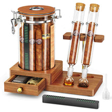 Load image into Gallery viewer, VALLUME Glass Humidor Jar with Dual Cigar Flavoring Tubes, Borosilicate Cigar Storage Case with Humidifier & Hygrometer, Airtight Wooden Lid, Solid Wood Base with Drawer, Perfect Cigar Gift for Men