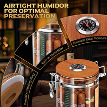 Load image into Gallery viewer, VALLUME Glass Humidor Jar with Dual Cigar Flavoring Tubes, Borosilicate Cigar Storage Case with Humidifier & Hygrometer, Airtight Wooden Lid, Solid Wood Base with Drawer, Perfect Cigar Gift for Men
