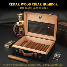 Load image into Gallery viewer, FANKAI PU Leather Travel Humidor with Hygrometer Humidifier, Glass Top Cedar Wood Storage Cigar Case with Divider, Holds Up to 50pcs Cigars