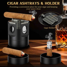 Load image into Gallery viewer, XIFEI 8-in-1 Tabletop Cigar Lighter, 4 Jet Flame Refillable Butane Torch Lighters, Straight Cutter, V-Cut Cutter, Cigar Punch, Cigar Stand, 3 Ashtrays, 3 Draw Enhancer Tools
