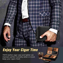 Load image into Gallery viewer, TISFA Travel Humidor, Leather Cigar Case with Cedar Wood Interior, All-in-One Cigar Lighter, V-Cut Cutter, Cigar Rest, Compact Travel Humidor with Built-in Humidifier