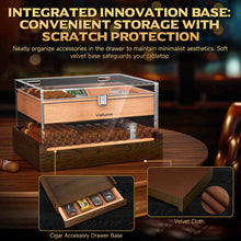 Load image into Gallery viewer, VALLUME Acrylic Cigar Humidor, Desktop Humidor Box with Cigar Accessory Drawer, Includes Gel Humidifier and Digital Hygrometer, Cedar Wood Tray, Holds Up to 60 Cigars