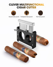 Load image into Gallery viewer, XIFEI Cigar Cutter V-Cut Guillotine,4 in 1 Straight Cut V Cutter with Cigar Punch Cigar Holder Stainless Steel Blade Ergonomic Design with Secure-Lock 60 RG Cigar Accessories (Black)