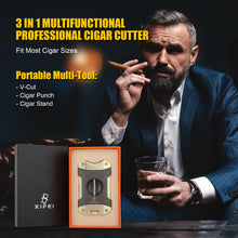 Load image into Gallery viewer, XIFEI Cigar Cutter V-Cut,3 in 1 V Cutter with Cigar Punch Cigar Stand Sharpest 440 Stainless Steel Cut Blade Ergonomic Design Secure-Lock 55 Ring Gauge Portable Cigar Clipper with Gift Box