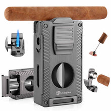 Load image into Gallery viewer, LIHTUN 2 Jet Flame Torch Lighter with Cigar V Cutter, Cigar Holder, Cigar Draw Enhancer, Cigar Punch, Refillable Butane Lighter, Smoking Gift for Men
