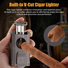 Load image into Gallery viewer, LIHTUN 2 Jet Flame Torch Lighter with Cigar V Cutter, Cigar Holder, Cigar Draw Enhancer, Cigar Punch, Refillable Butane Lighter, Smoking Gift for Men
