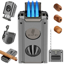 Load image into Gallery viewer, XIFEI 5-in-1 Cigar Lighter, 3 Jet Flame Refillable Butane Torch Lighters with Cigar Accessories, Pop-up V Cutter, Cigar Punch, Cigar Stand, Cigar Draw Enhancer
