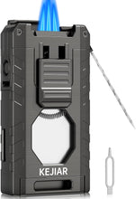 Load image into Gallery viewer, KEJIAR 5-in-1 Cigar Lighter, 3 Inline Jet Flame Butane Torch Lighter, Built-in Punch, Straight Cutter, Cigar Stand, Cigar Draw Enhancer
