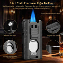 Load image into Gallery viewer, KEJIAR 5-in-1 Cigar Lighter, 3 Inline Jet Flame Butane Torch Lighter, Built-in Punch, Straight Cutter, Cigar Stand, Cigar Draw Enhancer
