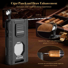 Load image into Gallery viewer, KEJIAR 5-in-1 Cigar Lighter, 3 Inline Jet Flame Butane Torch Lighter, Built-in Punch, Straight Cutter, Cigar Stand, Cigar Draw Enhancer
