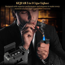 Load image into Gallery viewer, KEJIAR 5-in-1 Cigar Lighter, 3 Inline Jet Flame Butane Torch Lighter, Built-in Punch, Straight Cutter, Cigar Stand, Cigar Draw Enhancer

