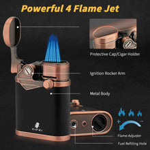 Load image into Gallery viewer, XIFEI 4 Jet Flame Torch Lighter with Cigar Stand, Windproof Rocker Lighter with Adjustable Flame, Refillable Butane Lighter for Smoking
