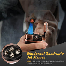 Load image into Gallery viewer, XIFEI 4 Jet Flame Torch Lighter with Cigar Stand, Windproof Rocker Lighter with Adjustable Flame, Refillable Butane Lighter for Smoking
