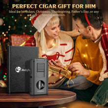 Load image into Gallery viewer, LIHTUN 5-in-1 Cigar Lighter, 2 Jet Flame Refillable Butane Torch Lighter, Manual Flame Adjustment Switch, Built-in Punch, Guillotine Cigar Cutter, V Cutter, 2 Cigar Stands
