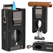 Load image into Gallery viewer, LIHTUN 2 Jet Flame Torch Lighter with Cigar V Cutter, Cigar Holder, Cigar Draw Enhancer, Cigar Punch, Refillable Butane Lighter, Smoking Gift for Men
