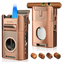 Load image into Gallery viewer, XIFEI 6-in-1 Cigar Lighter, Desktop Torch Lighter with Straight Cut V-Cut Cigar Cutter, Dual Cigar Punch, Cigar Draw Enhancer, Cigar Holder, 4 Jet Flame Refillable Butane Lighter
