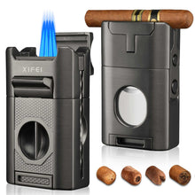 Load image into Gallery viewer, XIFEI 6-in-1 Cigar Lighter, Desktop Torch Lighter with Straight Cut V-Cut Cigar Cutter, Dual Cigar Punch, Cigar Draw Enhancer, Cigar Holder, 4 Jet Flame Refillable Butane Lighter
