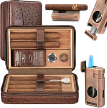 Load image into Gallery viewer, TISFA Cigar Humidor, Leather Cedar Wood Cigar Case with Cigar Lighter, V Cut Cigar Cutter, Cigar Holder 3 in 1, Portable Travel Cigar Humidor Box with Humidifier, Cigar Gift Set
