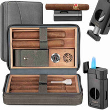 Load image into Gallery viewer, TISFA Cigar Humidor, Leather Cedar Wood Cigar Case with Cigar Lighter, V Cut Cigar Cutter, Cigar Holder 3 in 1, Portable Travel Cigar Humidor Box with Humidifier, Cigar Gift Set
