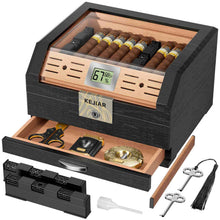 Load image into Gallery viewer, KEJIAR Cedar Wood Lined Humidor for 45-60 Cigars, Acrylic Top Cigar Box with Lock, Digital Hygrometer 2 Adjustable Humidifiers Drawer Cedar Tray Divider, Desktop Cigar Storage Case
