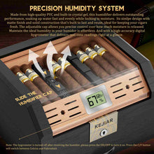 Load image into Gallery viewer, KEJIAR Cedar Wood Lined Humidor for 45-60 Cigars, Acrylic Top Cigar Box with Lock, Digital Hygrometer 2 Adjustable Humidifiers Drawer Cedar Tray Divider, Desktop Cigar Storage Case
