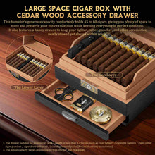 Load image into Gallery viewer, KEJIAR Cedar Wood Lined Humidor for 45-60 Cigars, Acrylic Top Cigar Box with Lock, Digital Hygrometer 2 Adjustable Humidifiers Drawer Cedar Tray Divider, Desktop Cigar Storage Case

