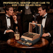 Load image into Gallery viewer, KEJIAR Cedar Wood Lined Humidor for 45-60 Cigars, Acrylic Top Cigar Box with Lock, Digital Hygrometer 2 Adjustable Humidifiers Drawer Cedar Tray Divider, Desktop Cigar Storage Case
