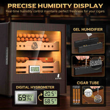 Load image into Gallery viewer, XIFEI Cigar Humidor Cabinet Holds Up to 100 Cigars, Glass Top &amp; Adjustable LED Lighting, Digital Hygrometer, 2 Humidifiers, Cigar Tube, Desktop Cedar Wood Humidor with Accessory Drawer
