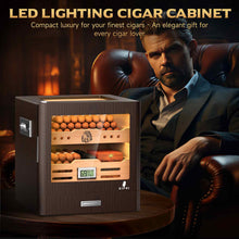 Load image into Gallery viewer, XIFEI Cigar Humidor Cabinet Holds Up to 100 Cigars, Glass Top &amp; Adjustable LED Lighting, Digital Hygrometer, 2 Humidifiers, Cigar Tube, Desktop Cedar Wood Humidor with Accessory Drawer
