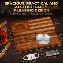 Load image into Gallery viewer, KEJIAR Cigar Ashtray Kit, Wooden Base with Removable Ashtray Suitable for Indoor and Outdoor Use, Flat Flame Lighter, Guillotine Cigar Cutter

