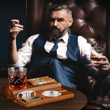 Load image into Gallery viewer, KEJIAR Cigar Ashtray Kit, Wooden Base with Removable Ashtray Suitable for Indoor and Outdoor Use, Flat Flame Lighter, Guillotine Cigar Cutter
