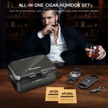 Load image into Gallery viewer, LIHTUN 3-layer Plastic Travel Humidor Case with Cigar Cutters, V Cutter, Straight Cutter, Cigar Punch, Cigar Humidity Pack, Hygrometer, Holds Up to 10 Cigars
