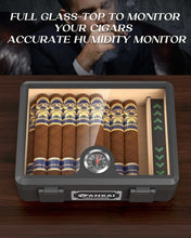 Load image into Gallery viewer, FANKAI Cigar Humidor, Full Glass Top Cigar Case with Humidifier and Hygrometer, Cedar Wood Lining Storage Box with Divider for 20-25 Cigars
