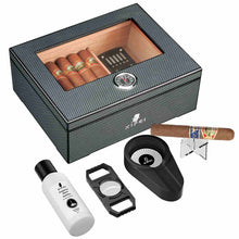 Load image into Gallery viewer, XIFEI Cigar Humidor, Glass Top carbon fiber texture top inlay Hygrometer,including Cigar humidifier, acrylic Cigar stand,Cigar ashtray and Humidor Solution, Holds 25-50 Cigars (9*7.5*3.8IN)
