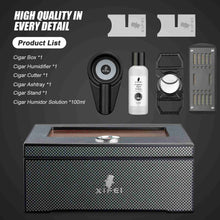 Load image into Gallery viewer, XIFEI Cigar Humidor, Glass Top carbon fiber texture top inlay Hygrometer,including Cigar humidifier, acrylic Cigar stand,Cigar ashtray and Humidor Solution, Holds 25-50 Cigars (9*7.5*3.8IN)

