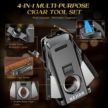 Load image into Gallery viewer, KEJIAR 4-in-1 Cigar Lighter, 2 Jet Flame Refillable Butane Torch Lighter, Built-in Punch, Guillotine Cigar Cutter, Cigar Stand
