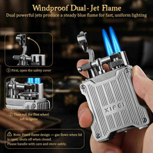 Load image into Gallery viewer, XIFEI Classic Flint-Wheel Cigar Lighter, Adjustable Dual Jet Flame, Windproof &amp; Refillable Butane Lighter with Fuel Window, Unique Cigar Gift for Men Women

