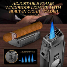 Load image into Gallery viewer, KEJIAR 4-in-1 Cigar Lighter, 2 Jet Flame Refillable Butane Torch Lighter, Built-in Punch, Guillotine Cigar Cutter, Cigar Stand
