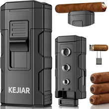 Load image into Gallery viewer, KEJIAR 4-in-1 Cigar Lighter, 2 Jet Flame Refillable Butane Torch Lighter, 3-Size Cigar Punch Cutter, Nubber &amp; Stand, Ideal Gift for Men
