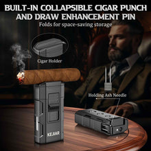 Load image into Gallery viewer, KEJIAR 4-in-1 Cigar Lighter, 2 Jet Flame Refillable Butane Torch Lighter, 3-Size Cigar Punch Cutter, Nubber &amp; Stand, Ideal Gift for Men
