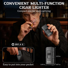 Load image into Gallery viewer, KEJIAR 4-in-1 Cigar Lighter, 2 Jet Flame Refillable Butane Torch Lighter, 3-Size Cigar Punch Cutter, Nubber &amp; Stand, Ideal Gift for Men
