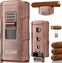 Load image into Gallery viewer, KEJIAR 4-in-1 Cigar Lighter, 2 Jet Flame Refillable Butane Torch Lighter, 3-Size Cigar Punch Cutter, Nubber &amp; Stand, Ideal Gift for Men
