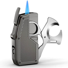 Load image into Gallery viewer, FANKAI 3-in-1 Cigar Lighter, 2 Jet Flame Torch Lighter with Scissors Cutter and Punch, Refillable Windproof Butane Lighter with Fuel Window
