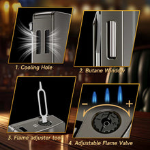 Load image into Gallery viewer, FANKAI 3-in-1 Cigar Lighter, 2 Jet Flame Torch Lighter with Scissors Cutter and Punch, Refillable Windproof Butane Lighter with Fuel Window
